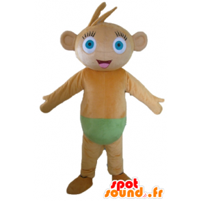 Brown monkey mascot, with blue eyes, with a green slip - MASFR23534 - Mascots monkey