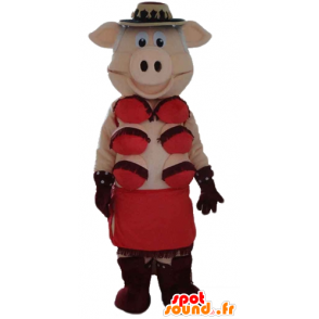 Pink gris maskot med rødt undertøj - Spotsound maskot kostume