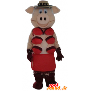 Rosa freche Maskottchen mit roter Unterwäsche - MASFR23573 - Maskottchen Schwein