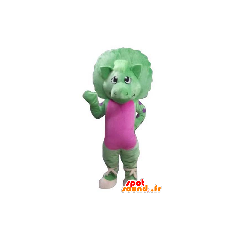Grøn og lyserød dinosaur maskot, kæmpe - Spotsound maskot