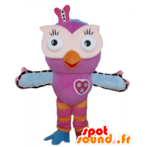 Mascot coruja cor de rosa, laranja e azul, muito engraçado e colorido - MASFR23604 - aves mascote