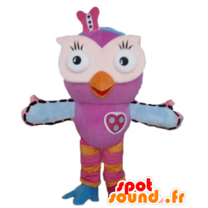 Mascotte de hibou rose, orange et bleu, très rigolo et coloré - MASFR23604 - Mascotte d'oiseaux