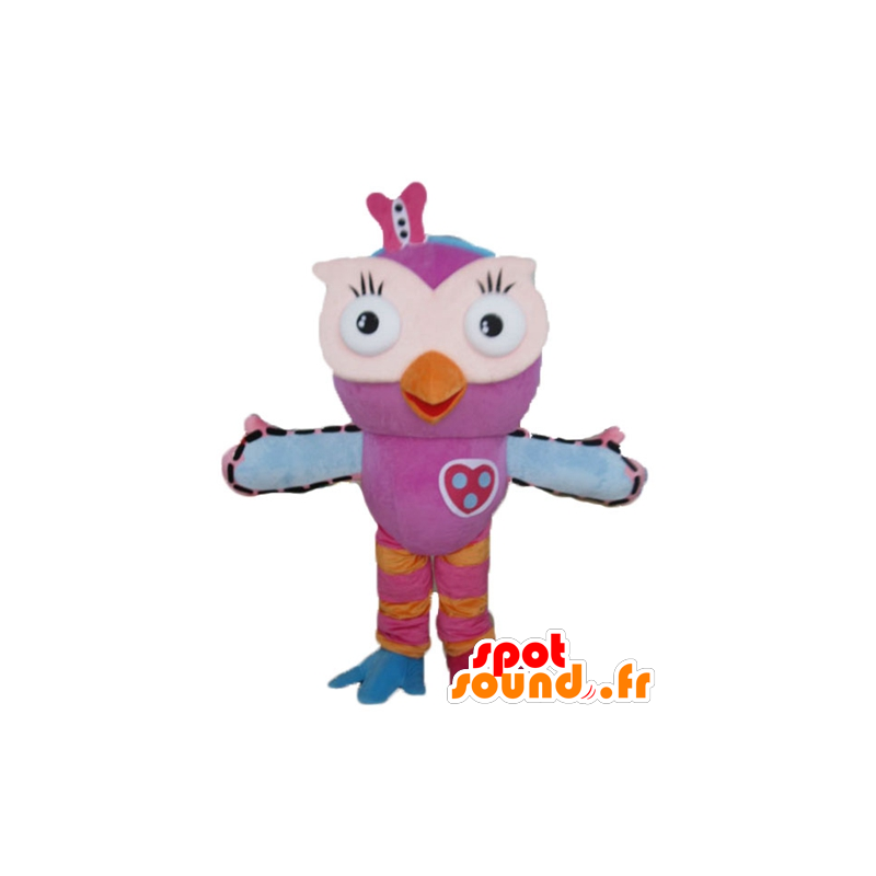 Mascot uil roze, oranje en blauw, erg grappig en kleurrijk - MASFR23604 - Mascot vogels