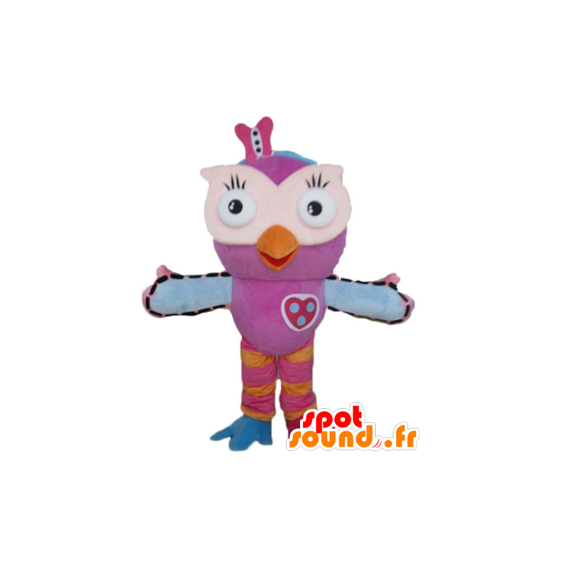Mascotte de hibou rose, orange et bleu, très rigolo et coloré - MASFR23604 - Mascotte d'oiseaux