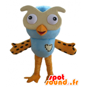Mascot grande gufo blu e arancione con gli occhiali - MASFR23605 - Mascotte degli uccelli
