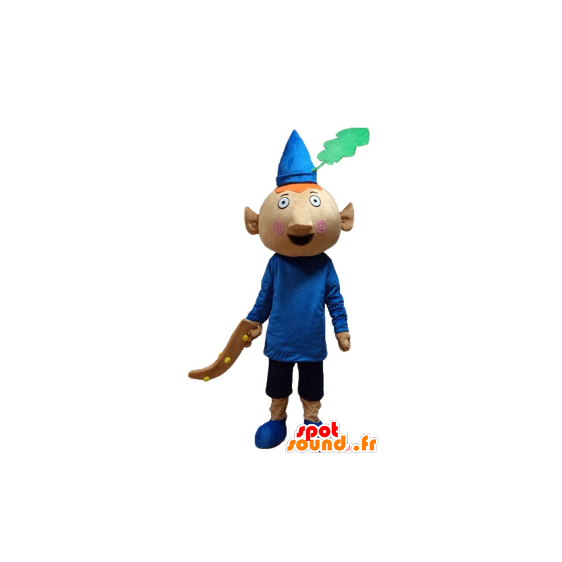 Mascotte de lutin roux, habillé en tenue bleue, avec un chapeau - MASFR23617 - Mascottes Humaines