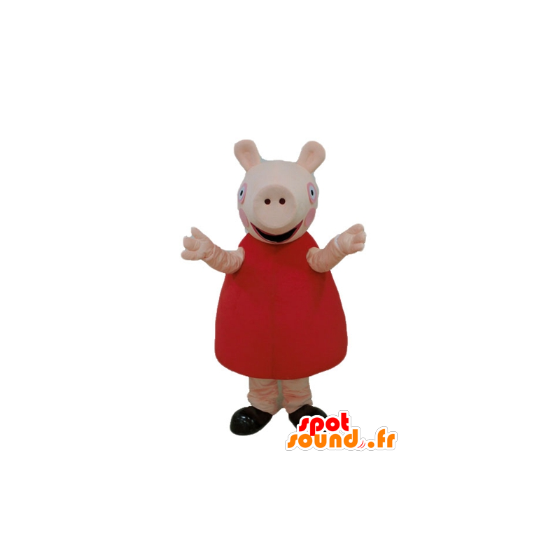 Rosa Schwein-Maskottchen mit einem roten Kleid - MASFR23669 - Maskottchen Schwein