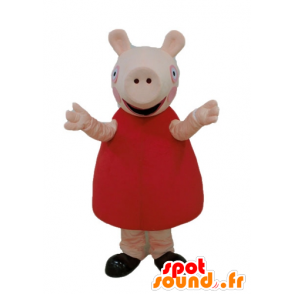 Rosa Schwein-Maskottchen mit einem roten Kleid - MASFR23669 - Maskottchen Schwein
