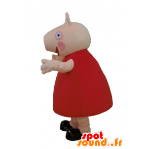 Rosa Schwein-Maskottchen mit einem roten Kleid - MASFR23669 - Maskottchen Schwein