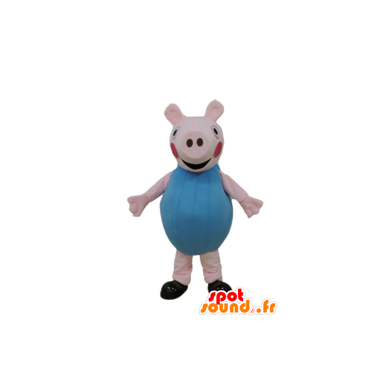 Mascotte de cochon rose, habillé en bleu - MASFR23670 - Mascottes Cochon