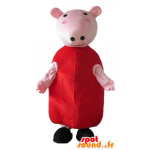 Rosa grismaskot med en röd klänning - Spotsound maskot