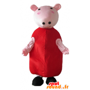 ροζ μασκότ χοίρων με ένα κόκκινο φόρεμα - MASFR23671 - Γουρούνι Μασκότ