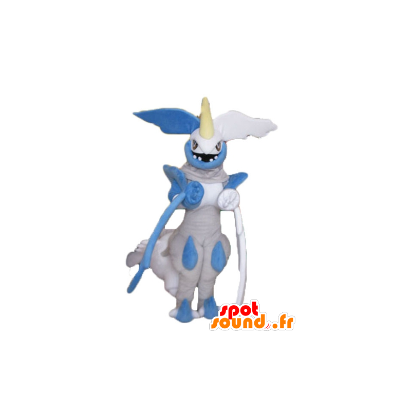 Maskotti lohikäärme harmaa, sininen ja valkoinen, näyttää kovaa - MASFR23694 - Dragon Mascot