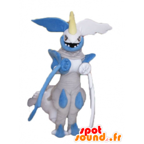 Cinza dragão mascote, azul e branco, olhar feroz - MASFR23694 - Dragão mascote
