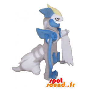 Drago grigio mascotte, blu e bianco, a guardare feroce - MASFR23694 - Mascotte drago