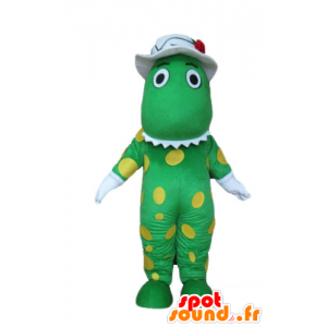 Mascotte de dinosaure, de crocodile vert, à pois jaunes - MASFR23729 - Mascotte de crocodiles