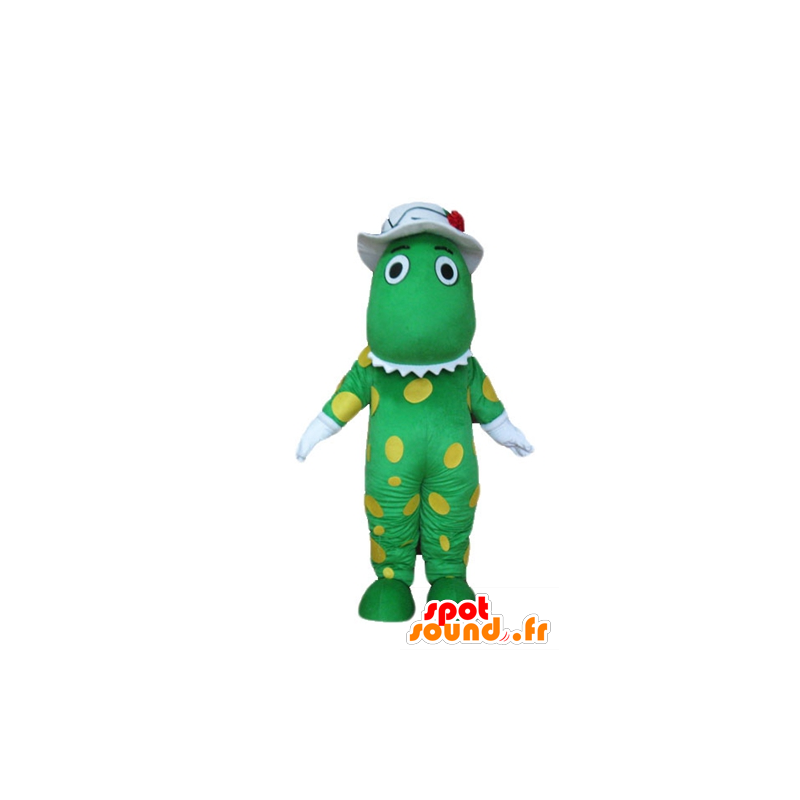 Mascotte de dinosaure, de crocodile vert, à pois jaunes - MASFR23729 - Mascotte de crocodiles