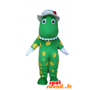 Mascotte de dinosaure, de crocodile vert, à pois jaunes - MASFR23729 - Mascotte de crocodiles