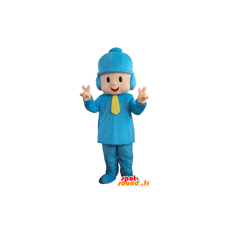Drengemaskot i blåt tøj med hue - Spotsound maskot kostume