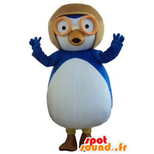 Mascotte de gros oiseau bleu et blanc avec un casque d'aviateur - MASFR23788 - Mascotte d'oiseaux