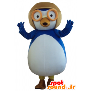 Mascotte grande uccello blu e bianco con un casco di volo - MASFR23788 - Mascotte degli uccelli