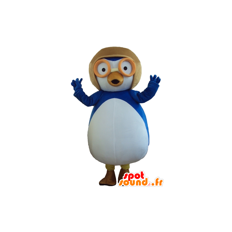 Atacado azul mascote e pássaro branco com um capacete voando - MASFR23788 - aves mascote