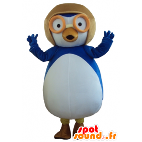 Mascotte grande uccello blu e bianco con un casco di volo - MASFR23788 - Mascotte degli uccelli