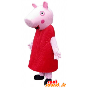 Mascote porco cor de rosa vestida em um vestido vermelho - MASFR23796 - mascotes porco