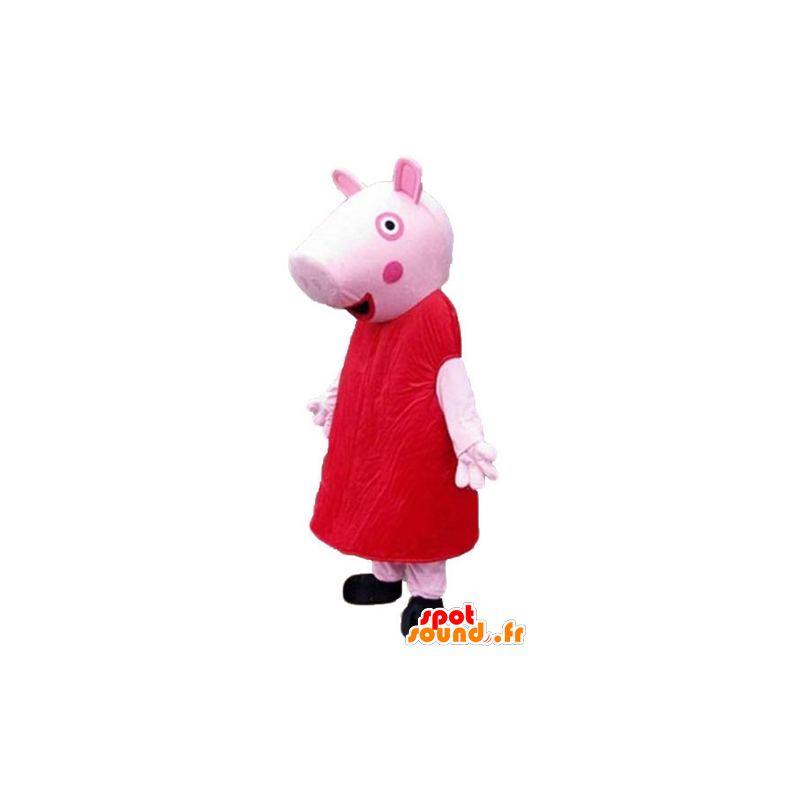 Mascote porco cor de rosa vestida em um vestido vermelho - MASFR23796 - mascotes porco