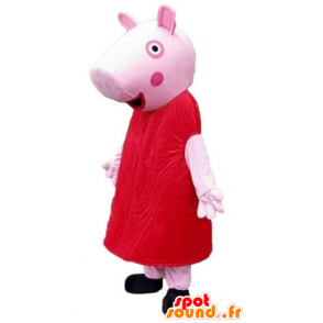 Pink pig mascot dressed in a red dress - MASFR23796 - Mascots pig