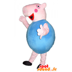 Pig mascot, pink and blue, round and cute - MASFR23798 - Mascots pig