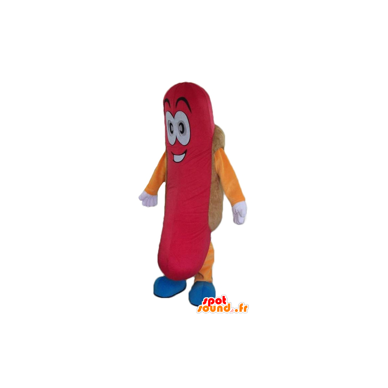 Hotdog reus mascotte, kleurrijke en glimlachen - MASFR23805 - Fast Food Mascottes