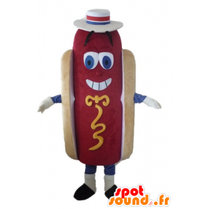 Kæmpe hotdog-maskot, sød og farverig med hat - Spotsound maskot