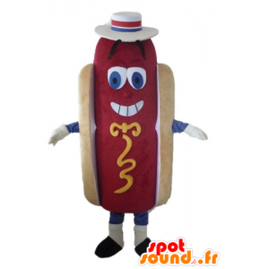 Mascotte Hot-Dog-Riese, süß und bunt, mit einem Hut - MASFR23809 - Fast-Food-Maskottchen