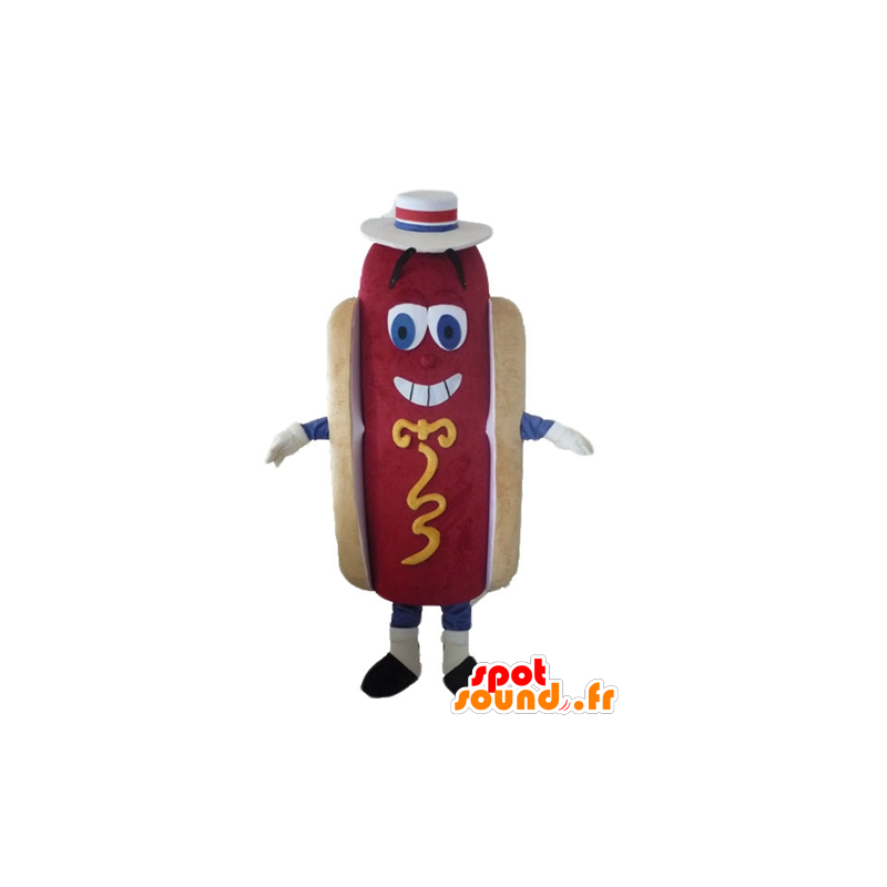 Mascot hotdog reus, leuk en kleurrijk, met een hoed - MASFR23809 - Fast Food Mascottes