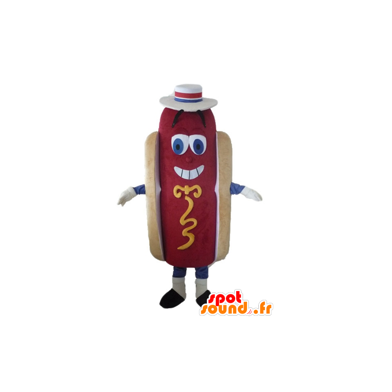 Mascotte de hot-dog géant, mignon et coloré, avec un chapeau - MASFR23809 - Mascottes Fast-Food