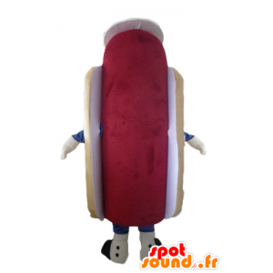 Mascot hotdog reus, leuk en kleurrijk, met een hoed - MASFR23809 - Fast Food Mascottes