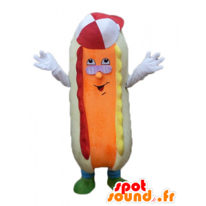 Hot dog mascot beige and orange, colorful and funny