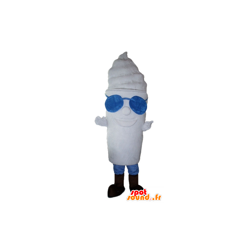 Mascotte de pot de glace géant, tout blanc, avec des lunettes - MASFR23819 - Mascotte alimentaires
