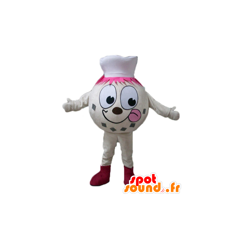 Snowman maskot, beige iskugle med kokkehue - Spotsound maskot