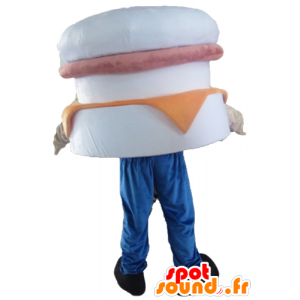 巨大なハンバーガーマスコット、白、ピンク、オレンジ-MASFR23825-ファストフードのマスコット