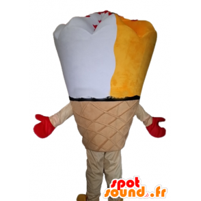 Mascotte de cornet de glace géante, jaune et blanche - MASFR23827 - Mascottes Fast-Food