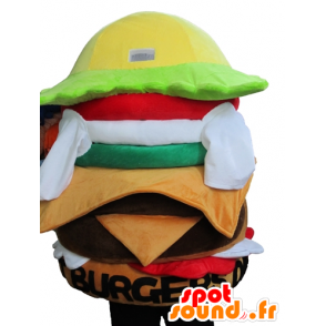 Mascote hambúrguer gigante, muito colorido, com grandes olhos - MASFR23839 - Rápido Mascotes Food
