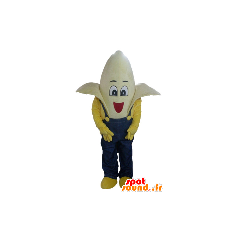 Mascota de plátano gigante vestido con un mono azul - MASFR23841 - Mascota de la fruta