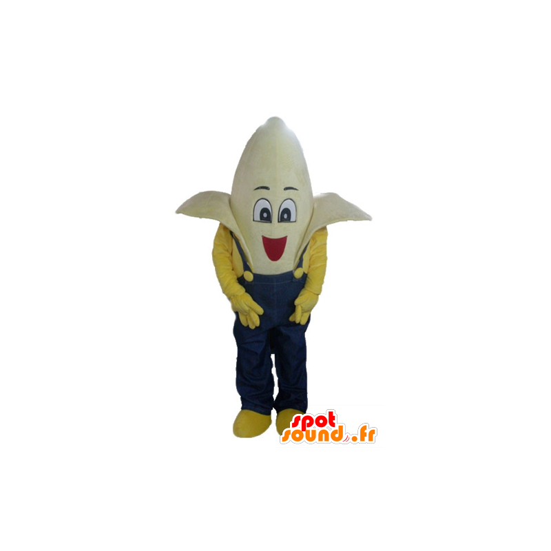 Mascotte de banane géante habillée d'une salopette bleue - MASFR23841 - Mascotte de fruits