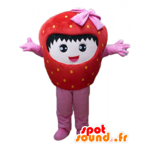 Mascot morango gigante, vermelho e rosa, sorrindo - MASFR23844 - frutas Mascot