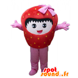 Μασκότ γιγαντιαία φράουλα, κόκκινο και ροζ, χαμογελαστά - MASFR23844 - φρούτων μασκότ