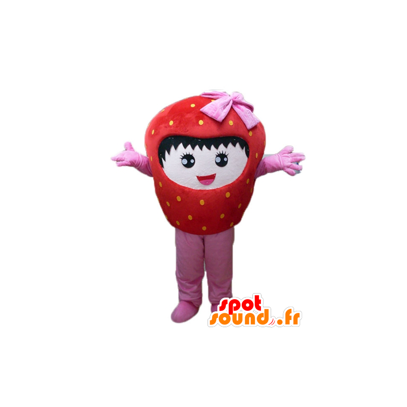 Mascot fresa gigante, rojo y rosa, sonriendo - MASFR23844 - Mascota de la fruta