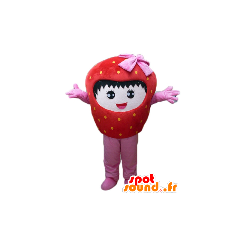 Mascot morango gigante, vermelho e rosa, sorrindo - MASFR23844 - frutas Mascot
