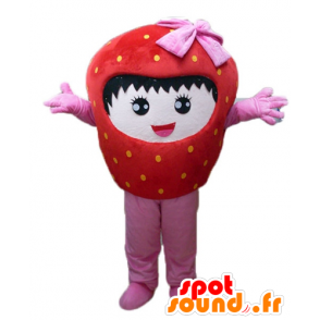 Mascot fresa gigante, rojo y rosa, sonriendo - MASFR23844 - Mascota de la fruta